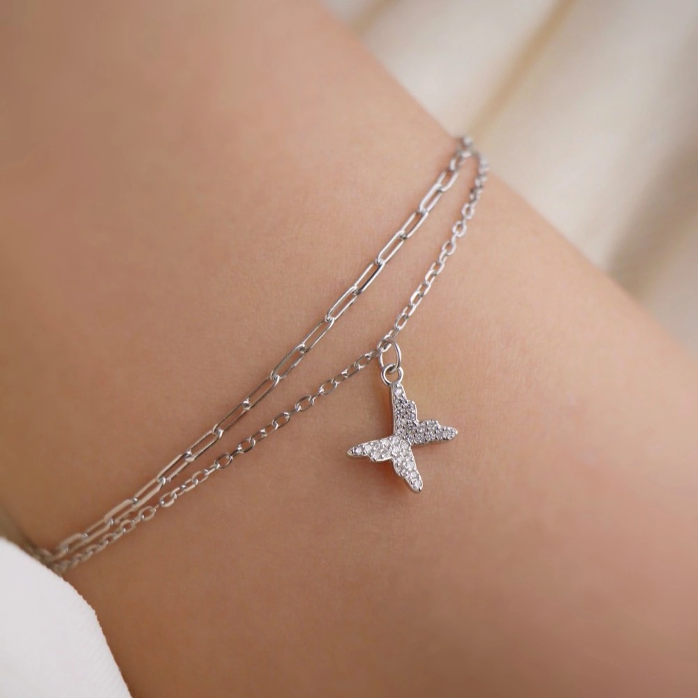 210f158f-abfb-4f1c-ab5d-a8f89d499666 دستبند نقره دو لاین طرح پروانه - Image 1